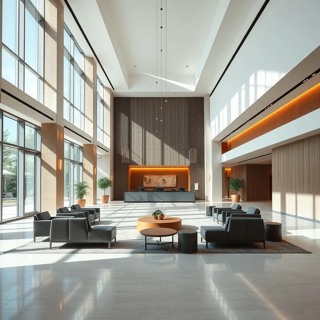 Modern hotel lobby interior, minimalist architectural design