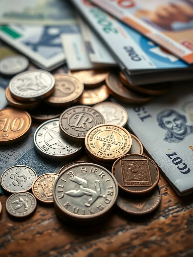 A macro close up of various international metal coins and pa
