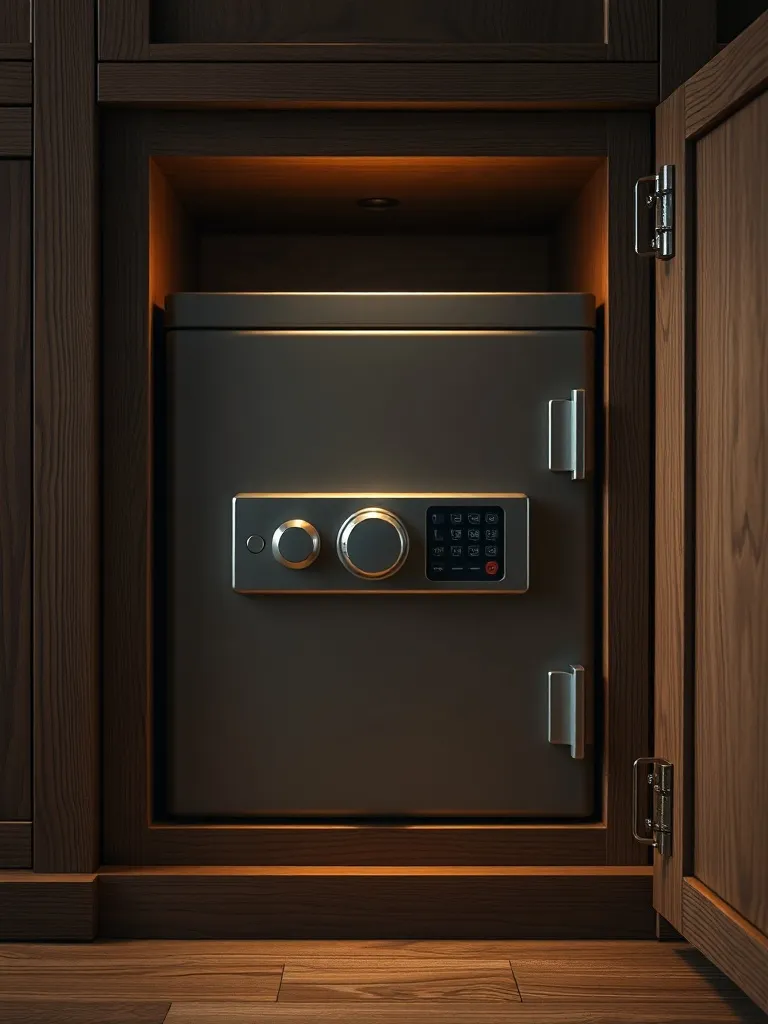 A secure safe box inside a wooden cabinet, professional ligh