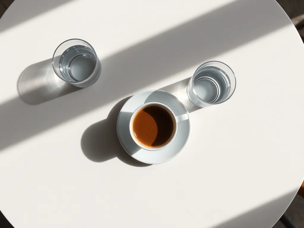 Minimalist table setting in a cafe with a single cup of coff