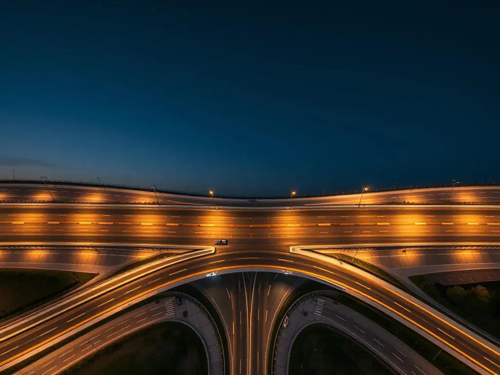 A minimalist overhead view of a modern highway intersection