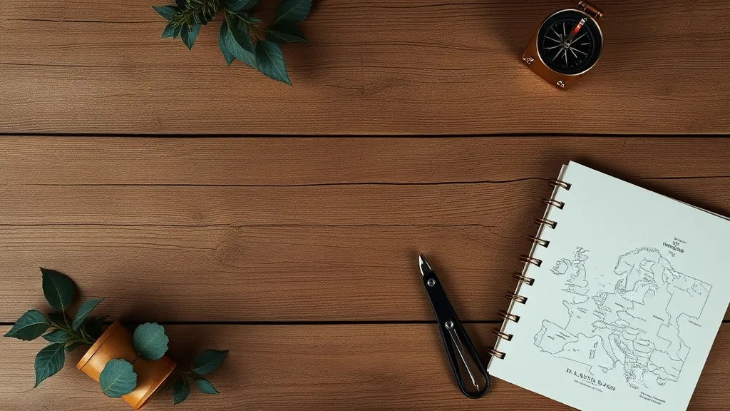 A minimalist top-down view of a wooden table with a map, a c